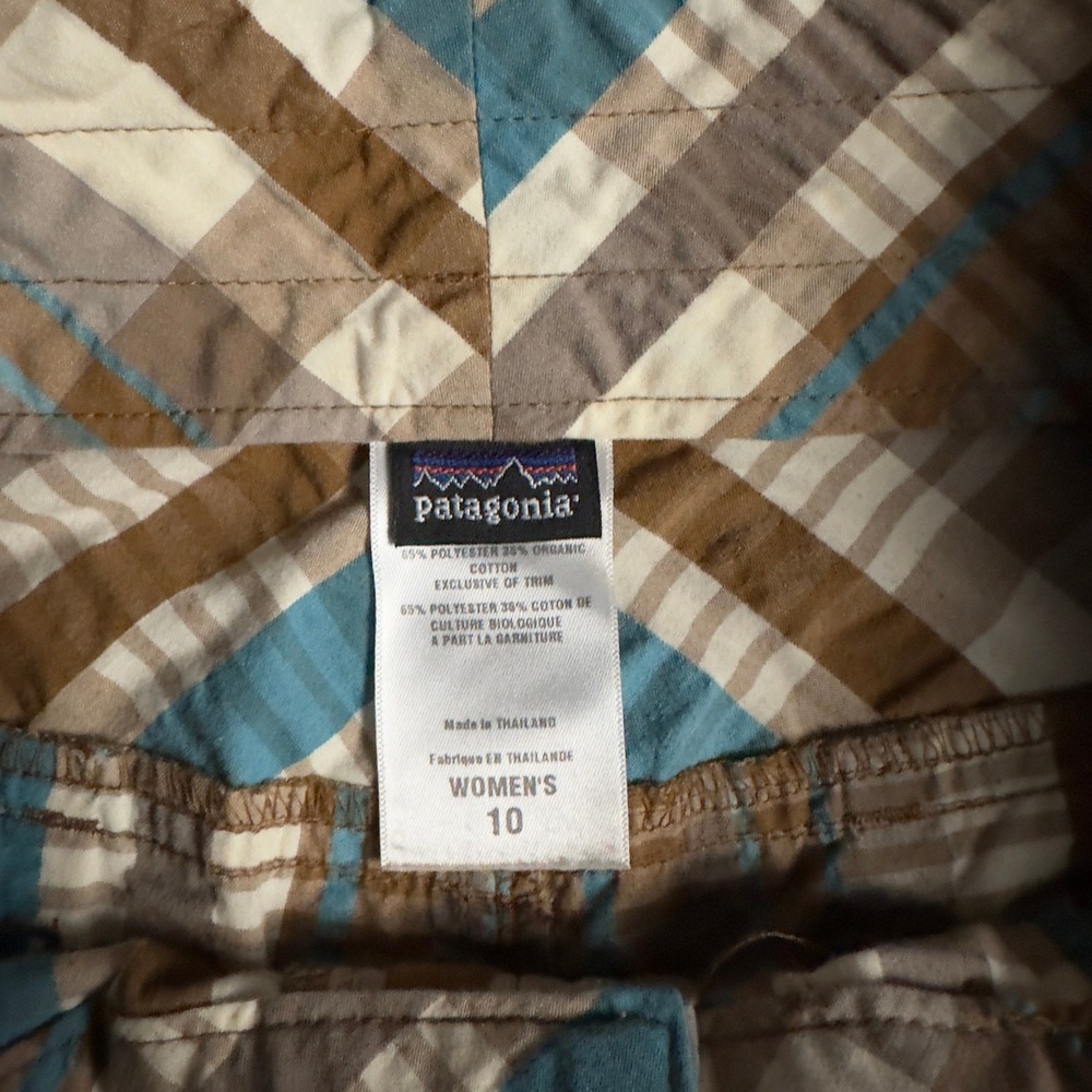 Patagonia Womens Plaid Cropped Pants Brown Blue Organic Cotton Capris Size 10 - Picture 3 of 5